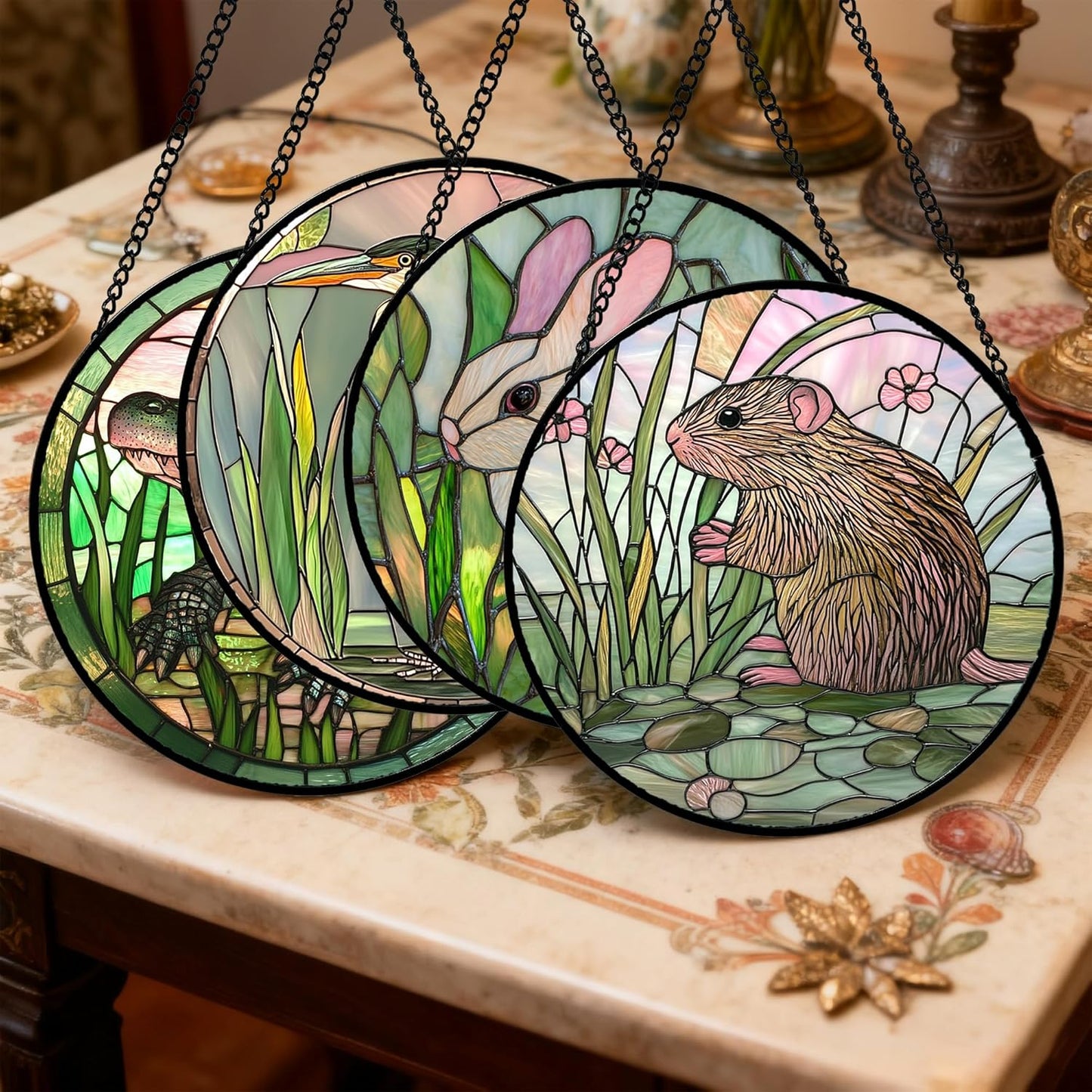 Stained Glass Window Hanging 4 Pcs Set Cute Animal 6.3"- Green Plant Pink Suncatcher Door Garden Sun Catcher Decor Birthday Christmas for Mom Woman Nana Men Friend