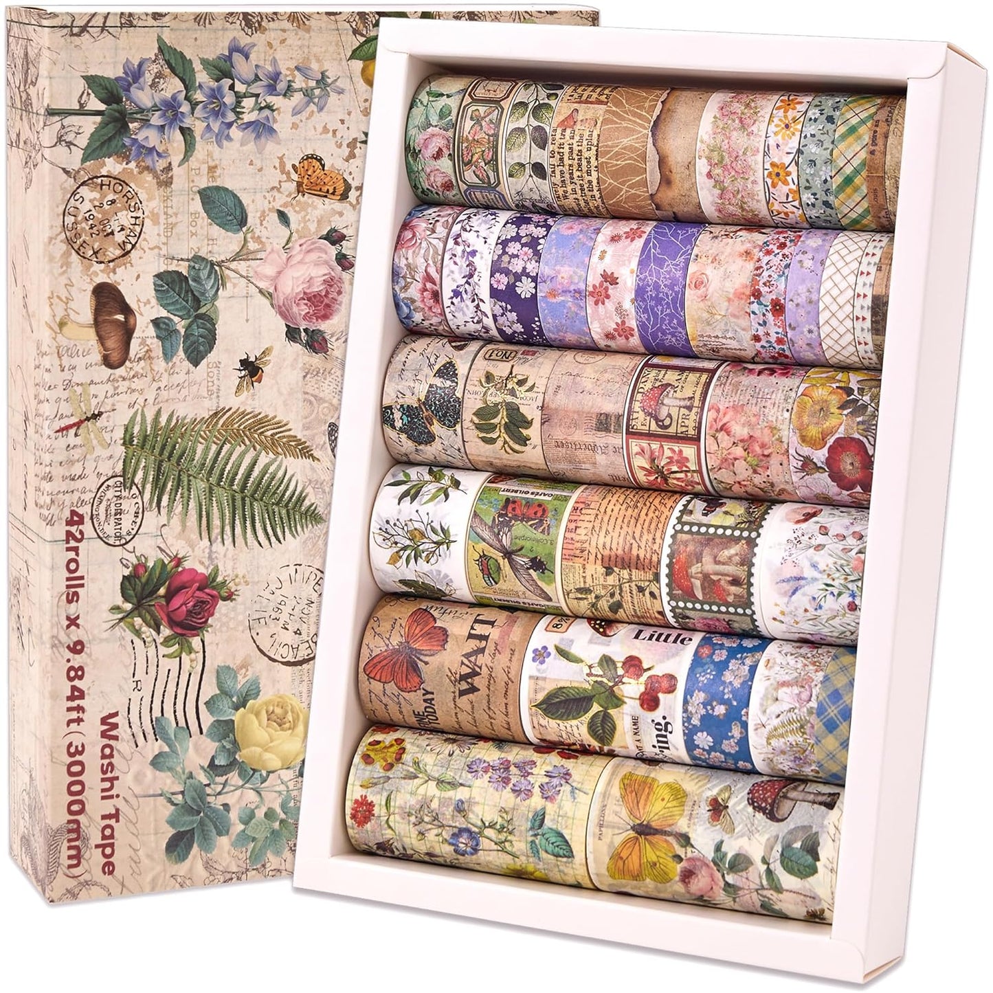42 Rolls Vintage Washi Tape Set, Floral Letter Butterfly Mushroom Botanical Flower Writable Decorative Tapes for Scrapbooking , Junk Journal Supplies, Bullet Journaling 5-75mm Wide 9.84ft long/Roll