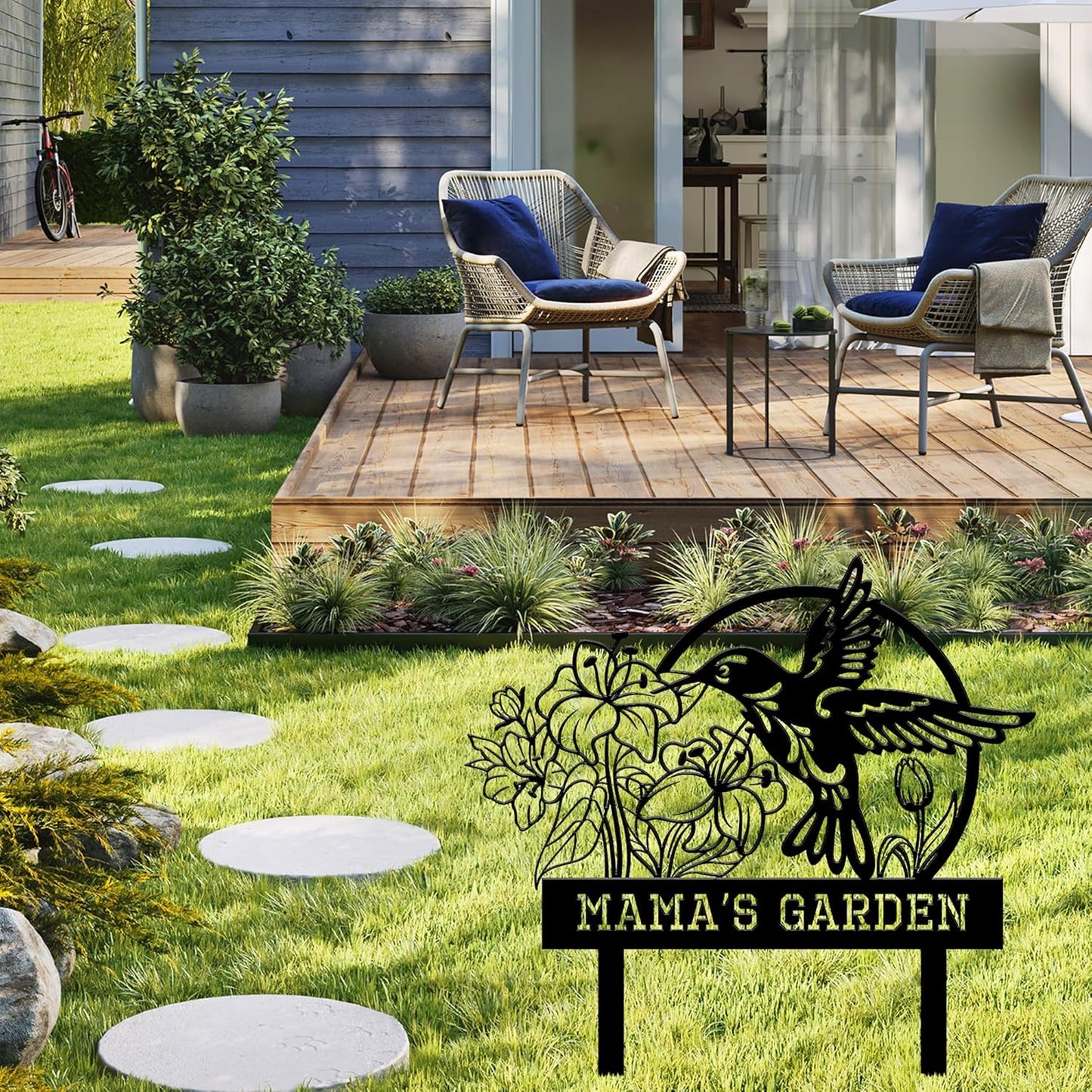 Personalized Garden Signs for Outside, Custom Metal Hummingbird Flowers Garden Decor with Stake, Custom Name Signs Outdoor Yard Patio Backyard Metal Decor Home Gifts