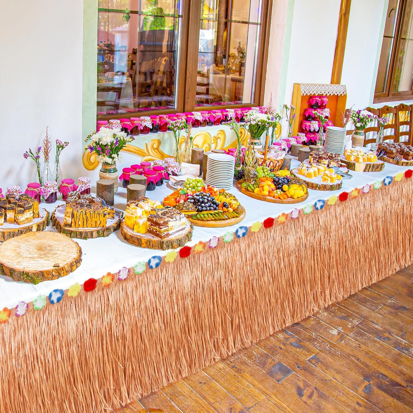 Hawaiian Themed Party Decorations, 2PCS Luau Party Table Skirt Decorations, 108 X 29.5" Table Skirt Flower Tropical Hula Dance Parties Supplies, Grass Table Skirt for Summer Beach Themed Party