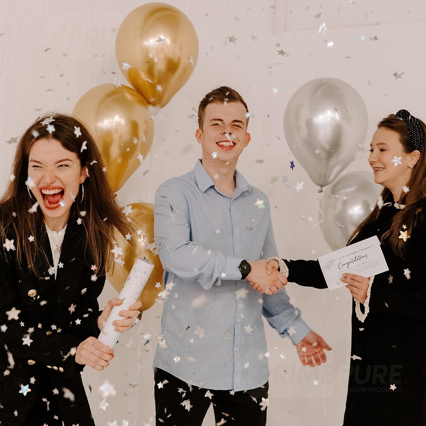 PrimePure Confetti Cannon Party Poppers - Holographic Silver Stars Confetti Popper - 2 Pack - Easy-to-Use Party Cannon - Silver Glitter Star Pop Gun for Graduation, Wedding, Birthday, Prank