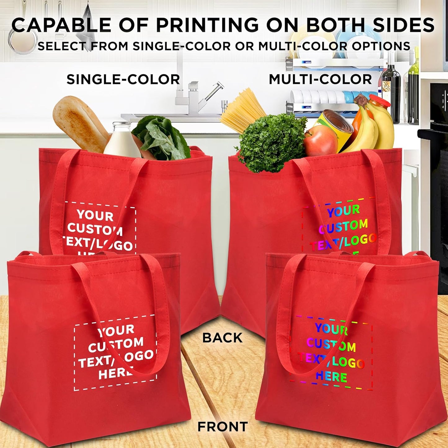 DISCOUNT PROMOS Custom Southern Style Grocery Tote Bags Set of 100 - Personalized Bulk Pack, Reusable Grocery & Shopping Bags - Great for Travel, Business Promotions, July 4th - Red - 20"X13"X8"