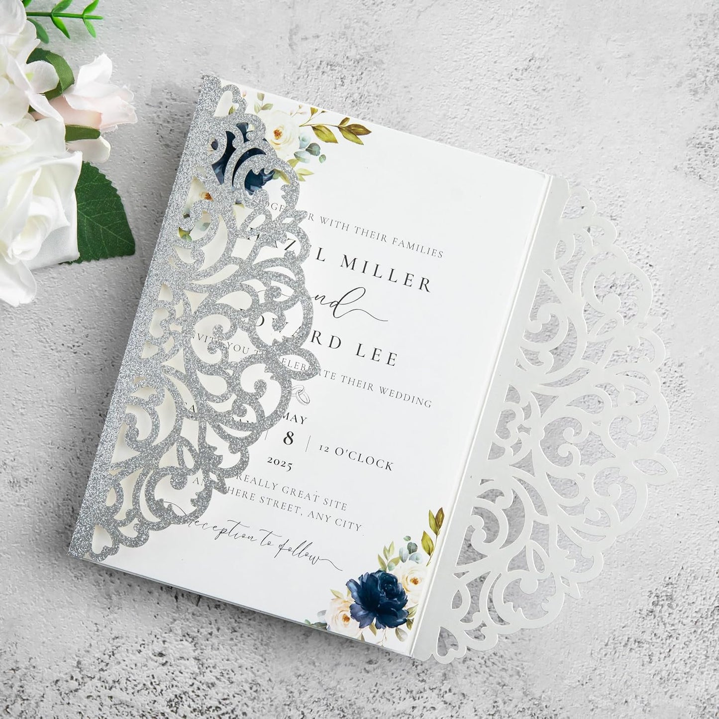 20Pcs Silver Glitter Laser Cut Invitation Cards With Blank Inner Sheets for Wedding Cards Bridal Shower Engagement Quinceanera Invitation (No Envelopes)