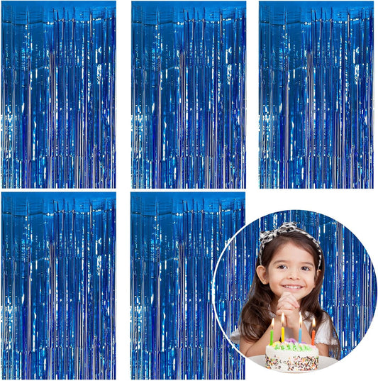 5 Pack Foil Curtain Backdrop Blue Metallic Tinsel Foil Fringe Curtains Photo Booth Props for Birthday Wedding Engagement Baby Shower Bachelorette Christmas Holiday Celebration Party Decorations