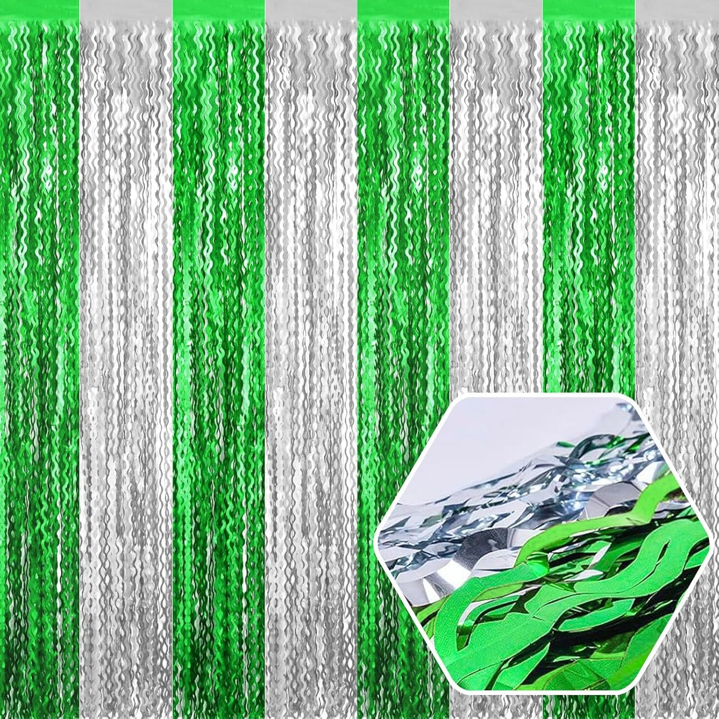 4 Pack Silver Green Wave Foil Fringe Curtain Backdrop, 3.28Ft x 8.2Ft Metallic Tinsel Foil Fringe Streamer Curtains for Photo Booth, Mother's Day, Easter, Birthday, Wedding Party Decoration
