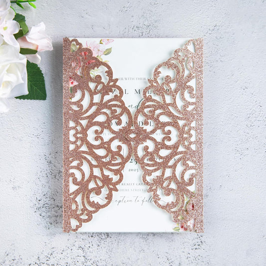 20Pcs Rose Gold Glitter Laser Cut Invitation Cards With Blank Inner Sheets for Wedding Cards Bridal Shower Engagement Quinceanera Invitation (No Envelopes)