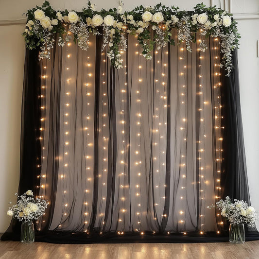 Fomcet Black Tulle Backdrop Curtains with Lights String 10FT X 8FT Sheer Curtain with Lights Tulle Curtains Backdrop for Wedding Birthday Party Baby Shower Photo Shoot (2 Panels 5x8FT)