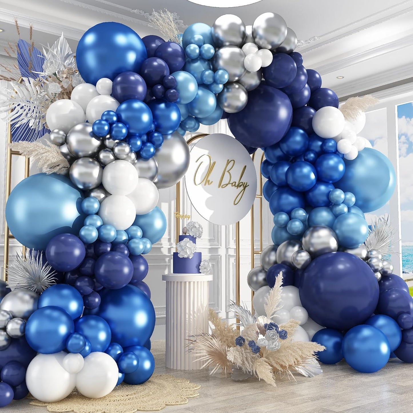 412Pcs Blue Balloon Arch Kit,5 10 12 18 inch Blue Balloon Garland with Metallic Dark Blue Silver Balloons for Baby Shower Graduation Birthday Wedding Party Decorations