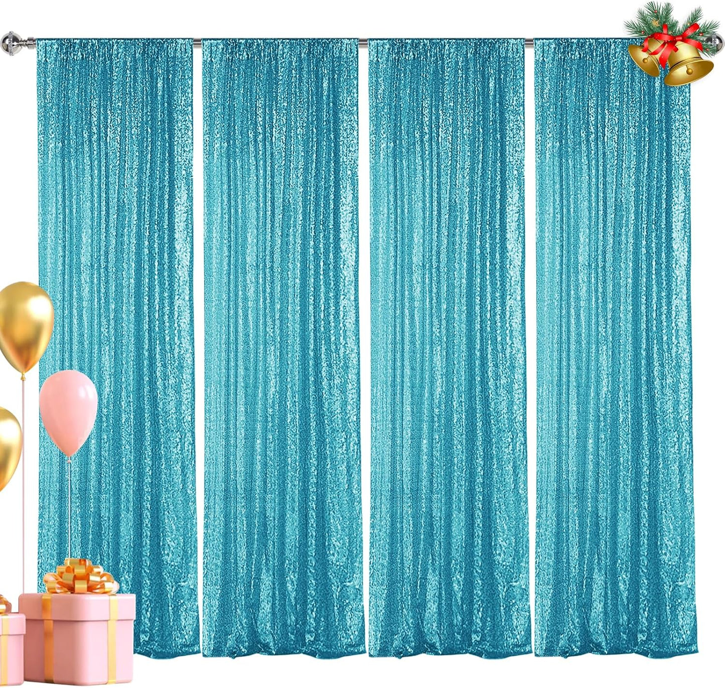 Hahuho Turquoise Sequin Backdrop Curtain, 4PCS 2FTx8FT Glitter Backdrop Curtain for Parties, Christmas, Wedding, Party Decoration（4 Panels, 2FT x 8FT, Turquoise