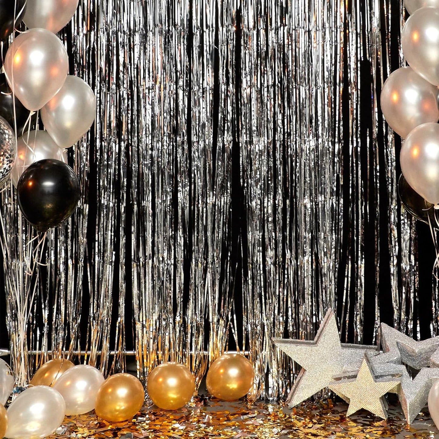 RUBFAC 2 Pack Silver Tinsel Backdrop Party Decorations Foil Fringe Curtains Photo Booth Streamer for New Year Decorations Wedding Birthday Holiday Christmas Celebrations Supplies