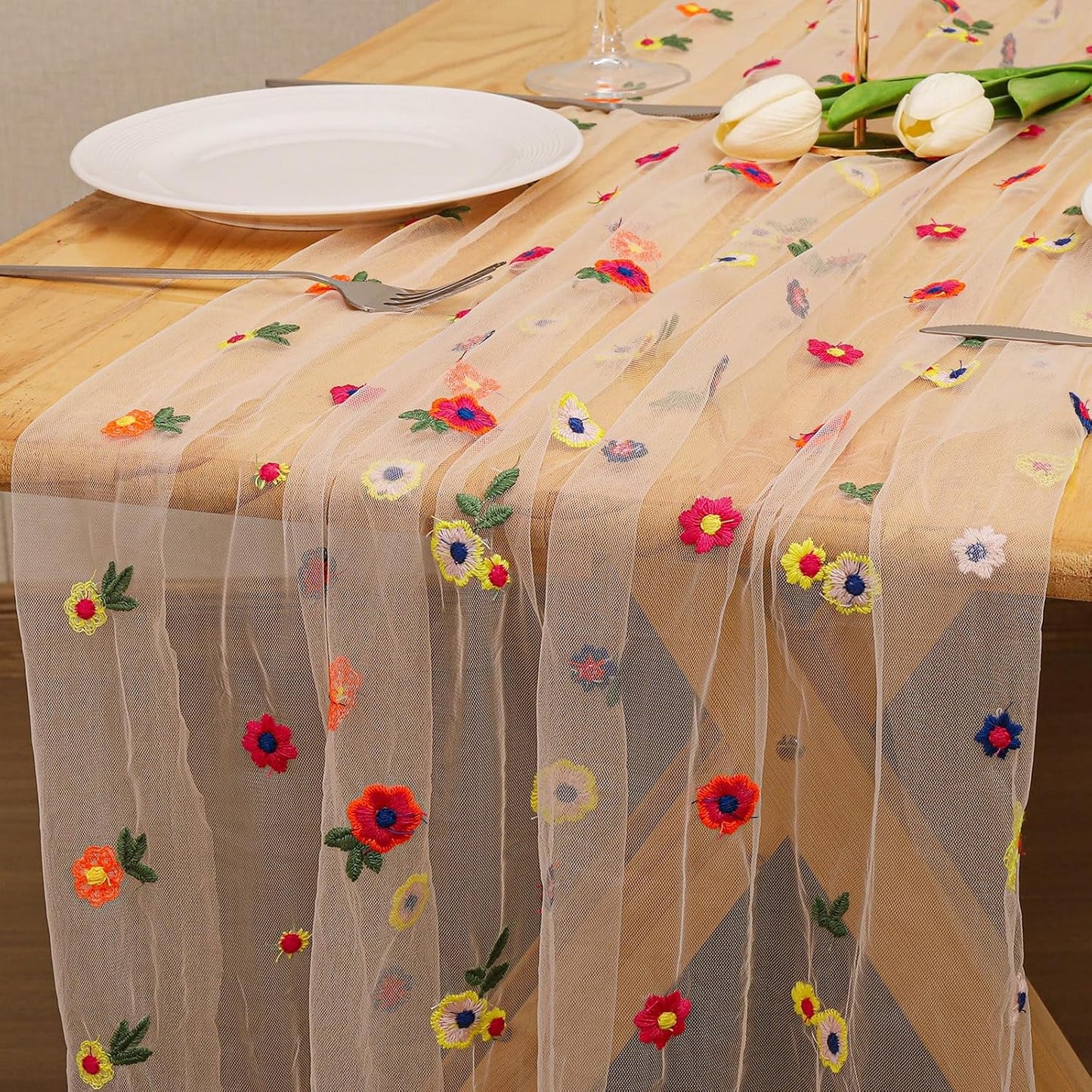 BINBE 6pcs Champagne Daisy Fall Table Runner Embroidery Gauze 10FT Florals Seasonal Tulle Holiday Birthday Kitchen Dining Table Decor for Home Party