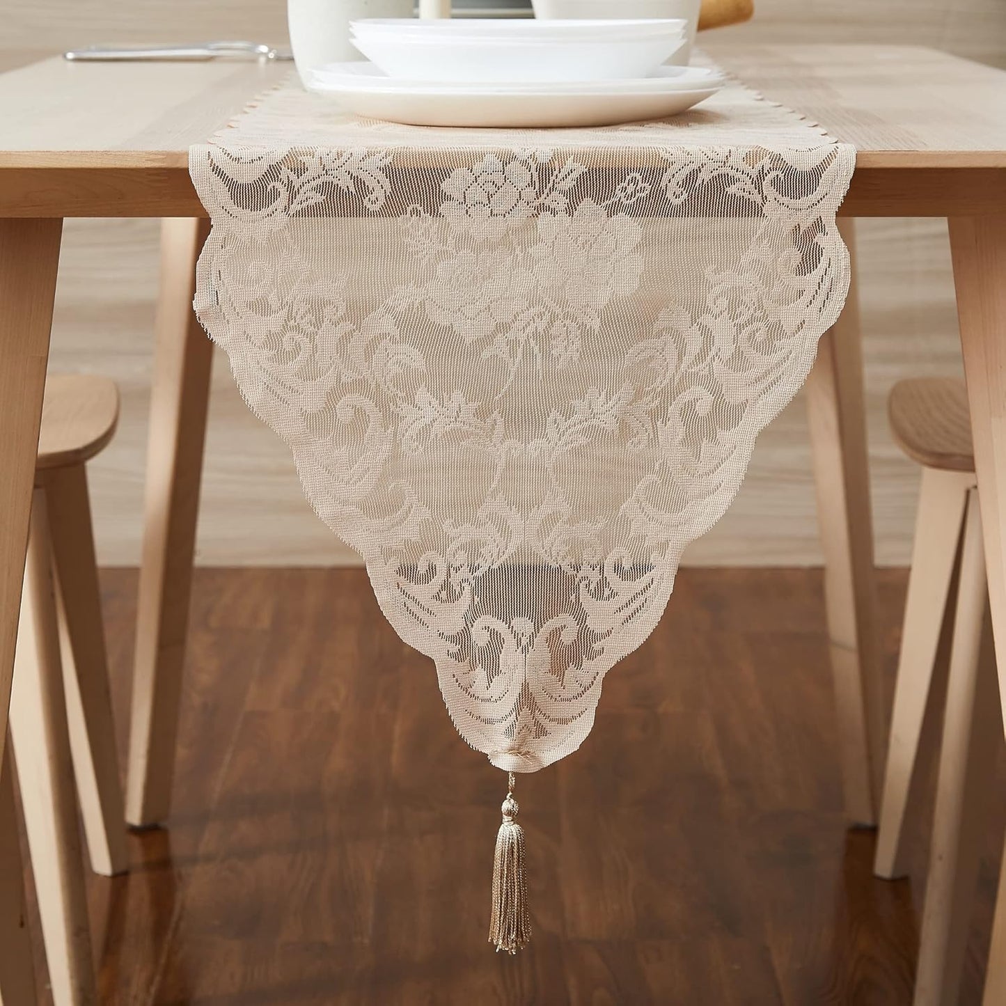 LinenZone Linen Table Runner with 2 Tassels for Rustic Vintage Decor. Lace Table Runner Works Great As Wedding, Thanksgiving, Christmas Decor (Mia 14 x 36, Linen)