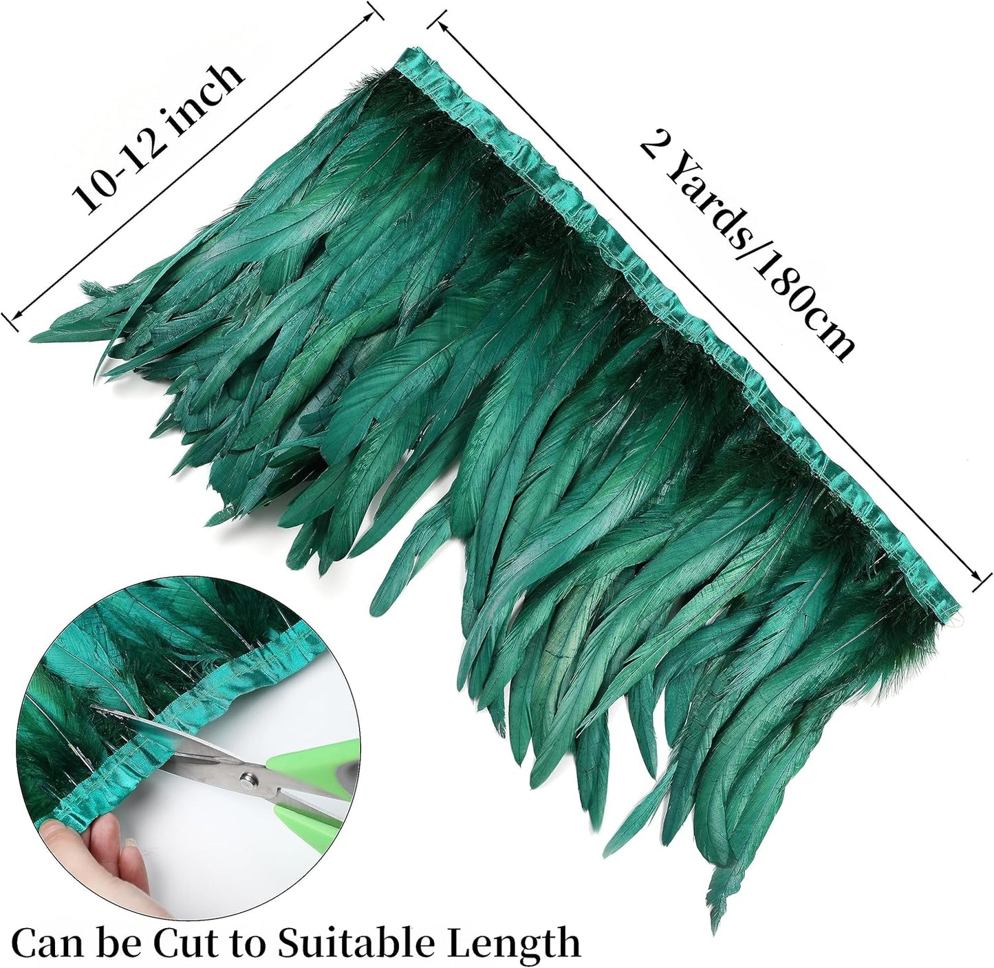 Holmgren Dark Green Rooster Feather Trim - 10-12inch 2 Yards Natural Large Rooster Tail Feathers Fringe Trim for DIY Sewing Crafts, Feather Cape Shawl, Wings, Party Costumes Decoration (Dark Green)
