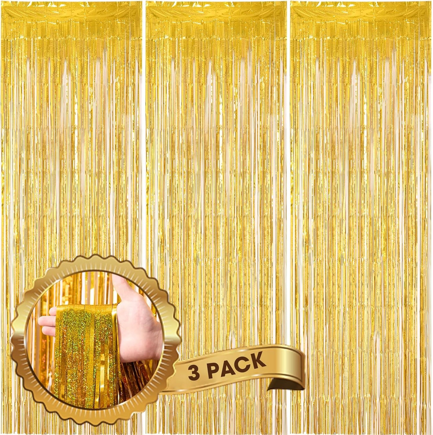 3 Pack 3.3 x 8.2 ft Laser Gold Foil Fringe Backdrop Curtains, Tinsel Streamers Birthday Party Decorations, Fringe Backdrop for Graduation, Baby Shower, Gender Reveal, Disco Party