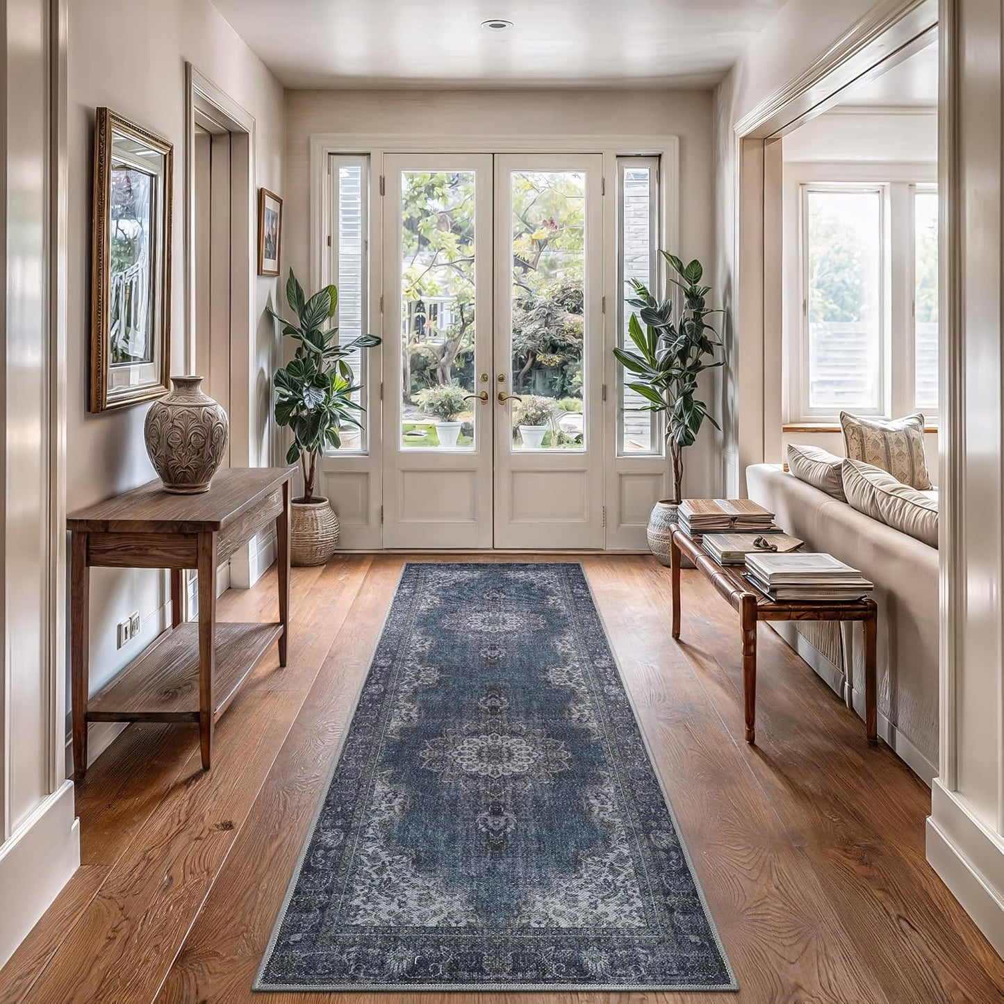 Bloom Rugs Washable Non-Slip 12 ft Runner - Dark Teal Traditional Medallion Runner for Entryway, Hallway, Bathroom, and Kitchen - Exact Size: 2.5' x 12'