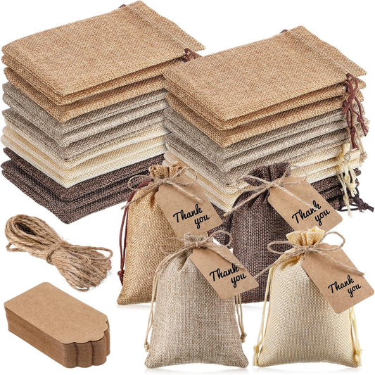 Woanger 100 Pcs Burlap Gift Bags with 100 Pcs Kraft Paper Gift Tags with Drawstring Favor Bulk Burlap Sack Bags for DIY Wedding Party Craft (4 x 6 Inch,Hemp, Beige, Medium Brown, Dark Brown)