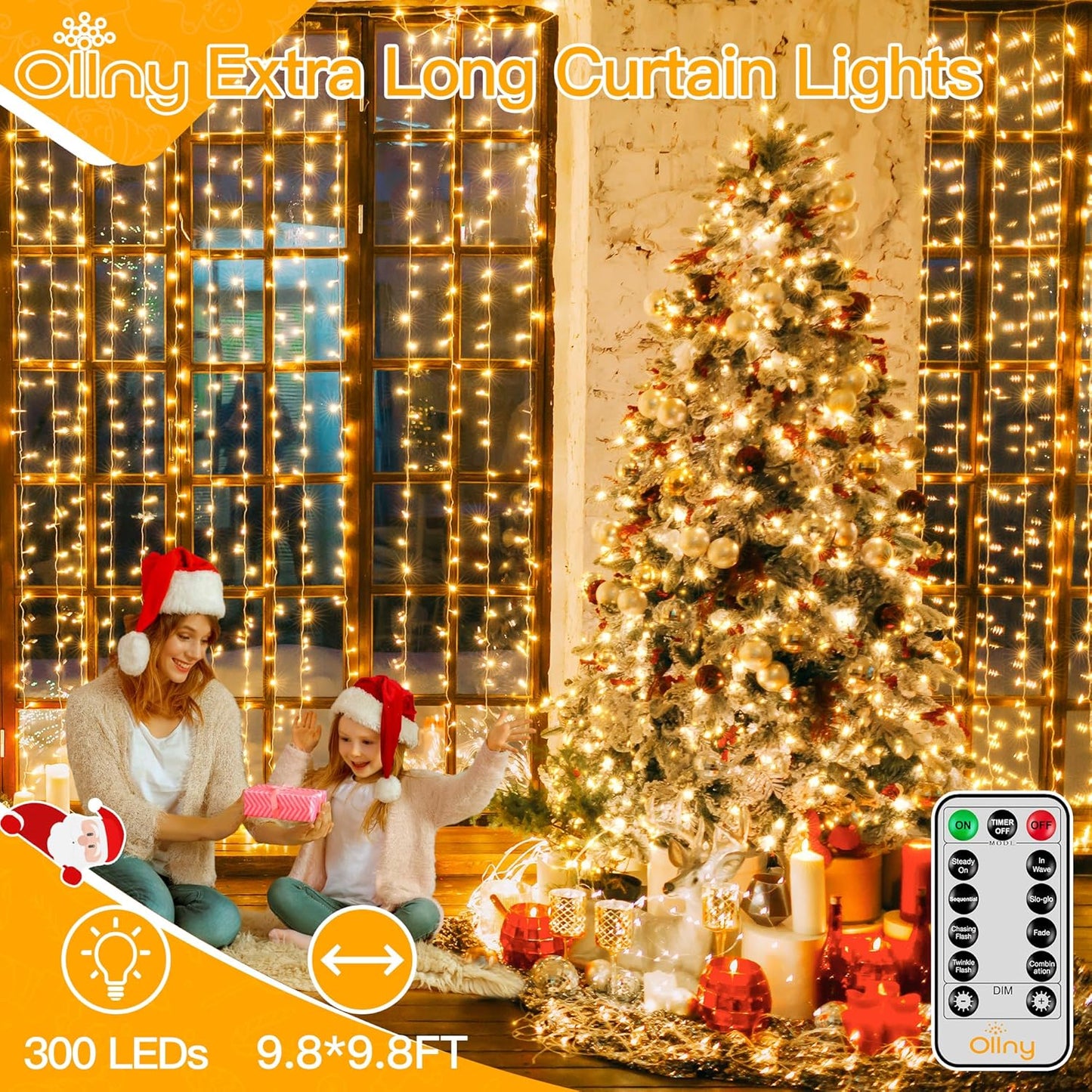Ollny Christmas Curtain Lights 300 LED 9.8 FTx9.8 FT, Outdoor Waterproof Curtain String Lights with Remote Timer 8 Modes, USB Waterfall Window Lights for Wall Backdrop Home Decorations (Warm White)