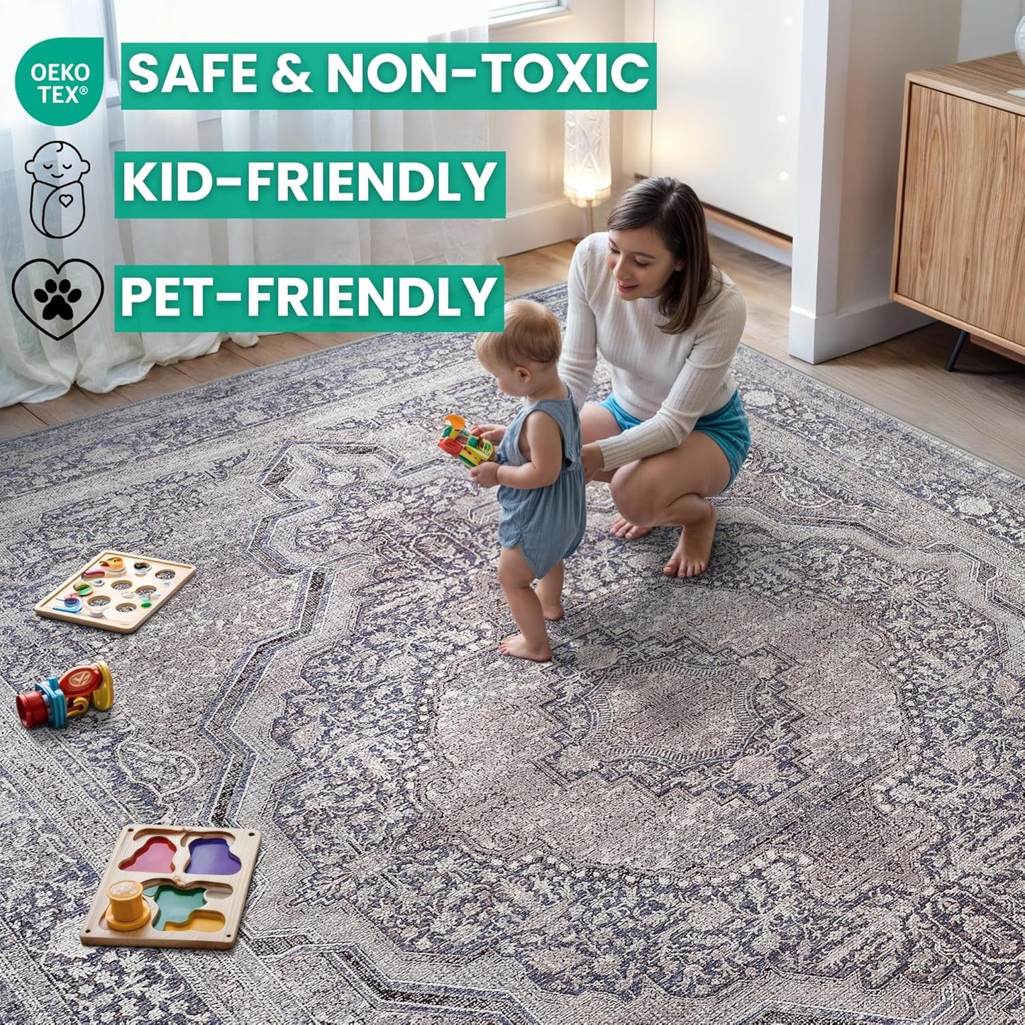 Bloom Rugs Washable Non-Slip 6' x 9' Rug - Blue/Steel Gray/Beige Traditional Medallion Area Rug for Living Room, Bedroom, Dining Room, and Kitchen - Exact Size: 6' x 9'