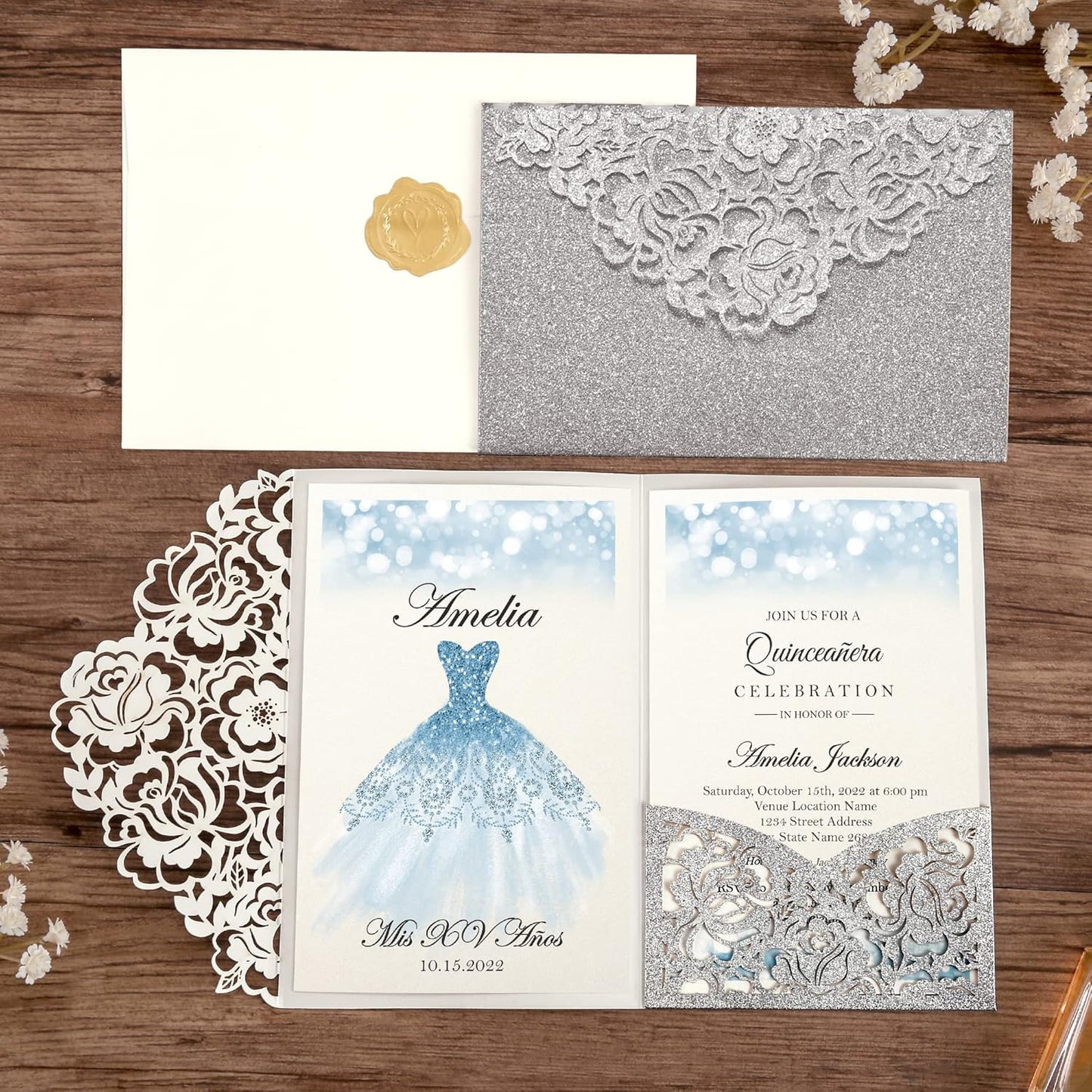 DORIS HOME 50pcs Laser Cut Quinceanera Invitations Silver Glitter, 4.7x7.1 Personalized Quince Invitations for 15th Birthday, Invitation cards for Sweet 16 with Envelopes