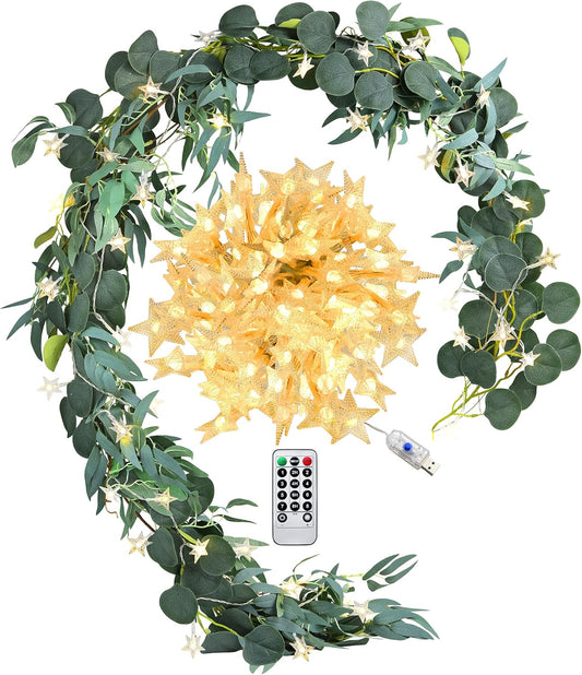 FiveSeasonStuff Woodland Whispers: Rustic Willow and Eucalyptus Garlands with 33 Feet 80 LED Star String Lights (Battery-Powered)