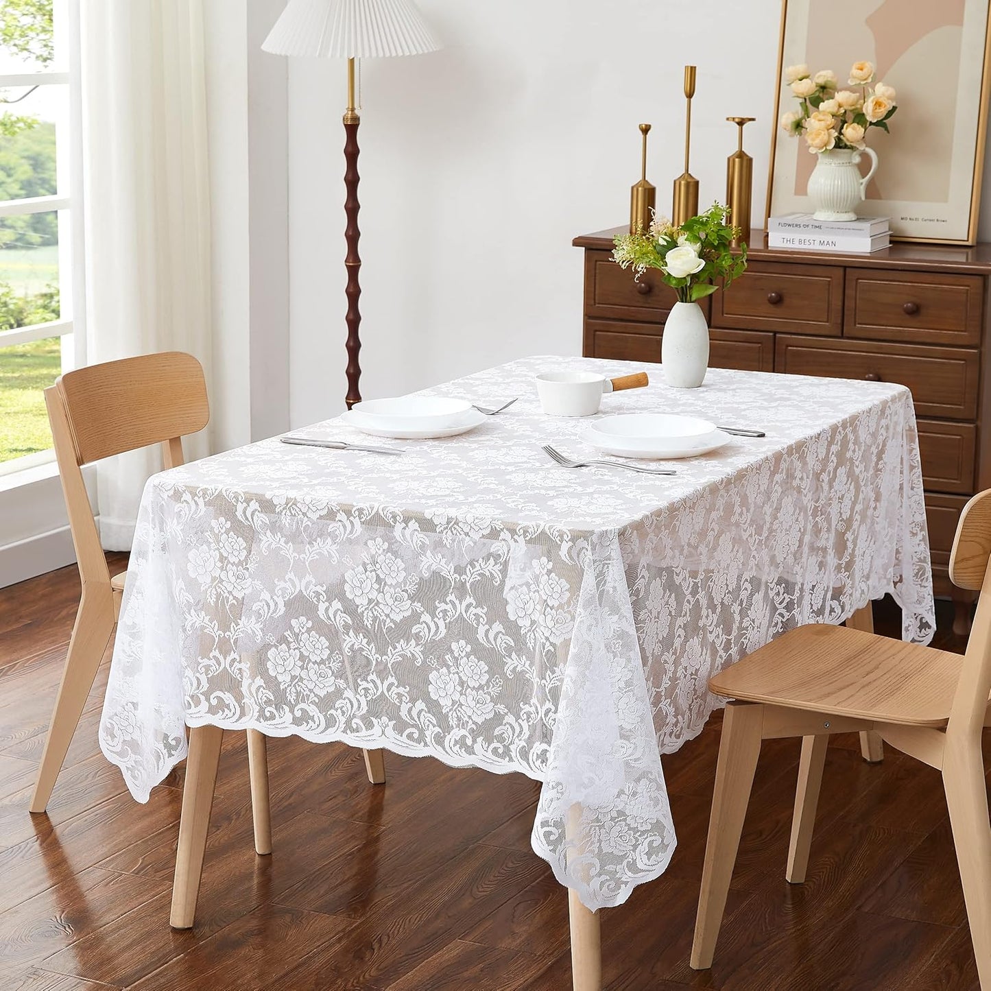 LinenZone White Rectangle Tablecloth for Rustic Vintage Decor. Sheer Lace Works Great As Wedding, Thanksgiving or Christmas Tablecloth (Mia TC 60 x 84, White)