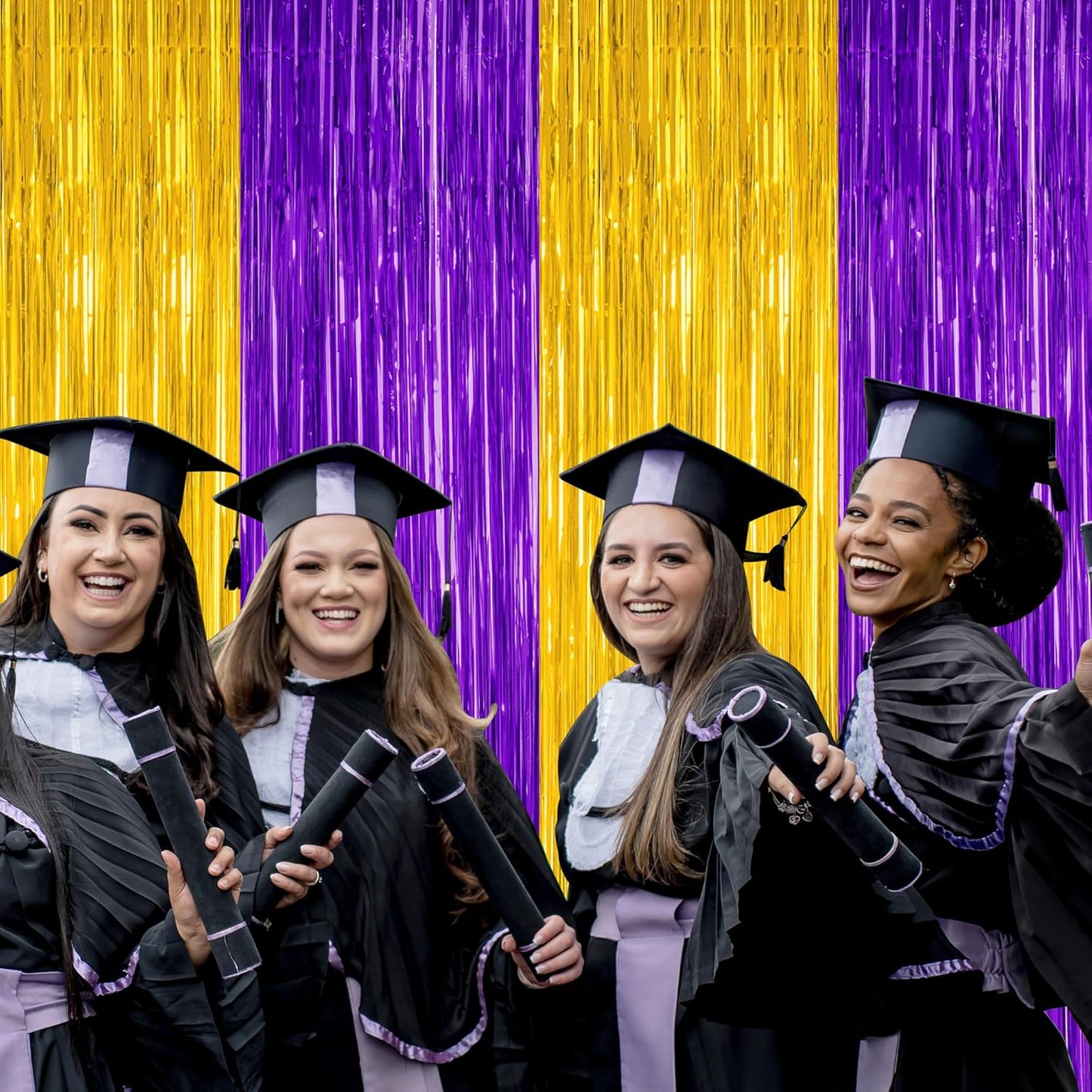 2 Pack Graduation Backdrop, 3.28 FT x 7.05 FT Grad Party Decorations 2025, Purple Gold Backdrop Foil Fringe Curtains, Metallic Purple and Gold Graduation Decorations Class of 2025 Decor