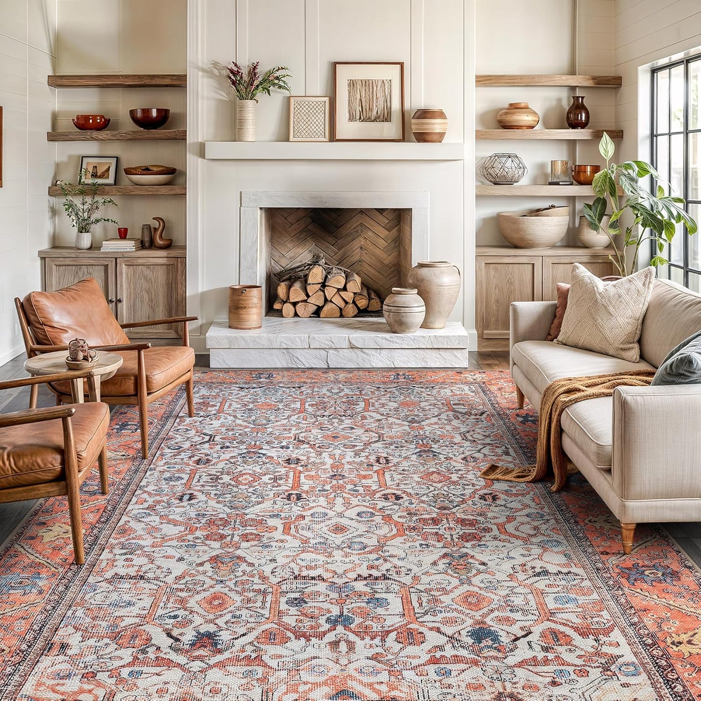 Bloom Rugs Washable Non-Slip 9' x 12' Rug - Orange Traditional Bordered Area Rug for Living Room, Bedroom, Dining Room, and Kitchen - Exact Size: 9' x 12'