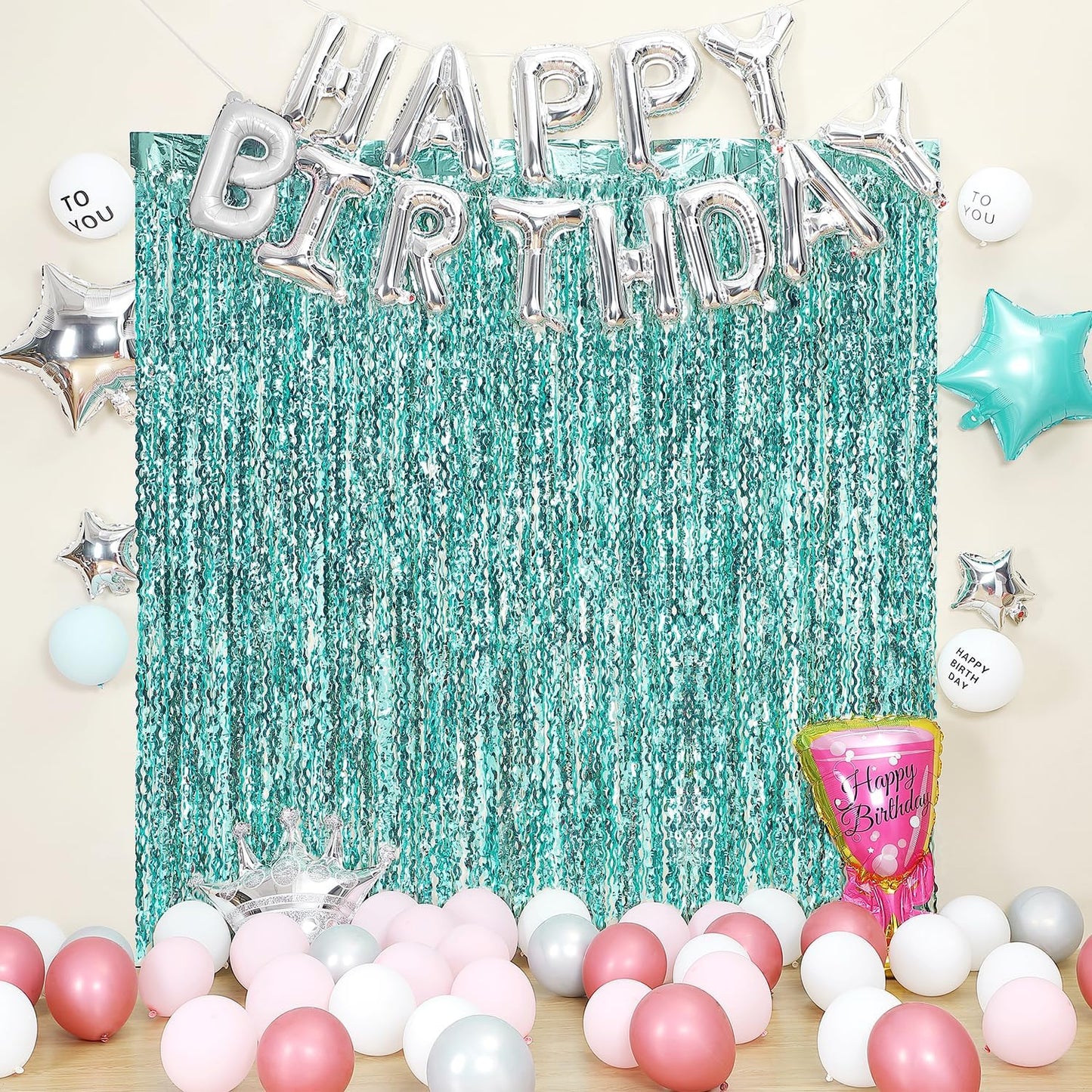 3 Pack Teal Aqua Blue Wave Foil Curtains - 3.3 ft x 6.6 ft Tinsel Metallic Streamers for Photo Booth Birthday Wedding Girl Princess Bachelorette Euphoria Theme Party Decorations