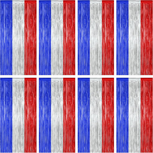8 Pack 4th of July Photo Backdrop, 3.28 FT x 7.08 FT Fourth of July Decorations, Metallic Blue Silver Red Patriotic Tinsel Backdrop Foil Curtains, Patriotic Independence Day Decorations