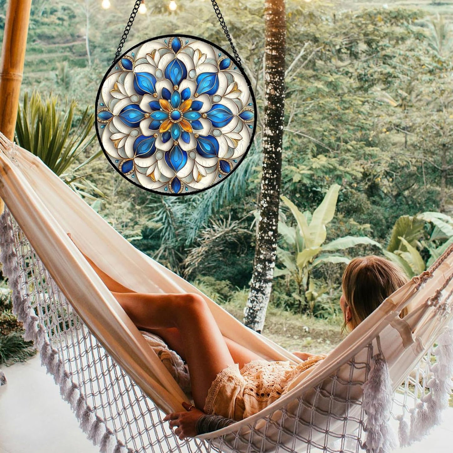 Stained Glass Window Hanging - Blue and White Abstract Flowers Suncatcher for Door Terrace Garden Home Decor, Gold Sun Catcher Birthday Gifts for Lovers Women Men Dad Mom Nana 9.8 in