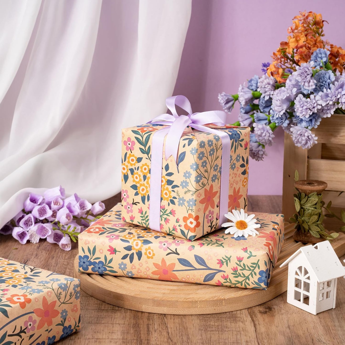 RUSPEPA Kraft Floral Wrapping Paper Roll for Girls Women, Mini Roll, Garden Flower Design, Wildflower Kraft Gift Wrap for Birthday, Spring, Summer, Mother's Day, Bridal Shower, 17 Inches x 9.8 Feet