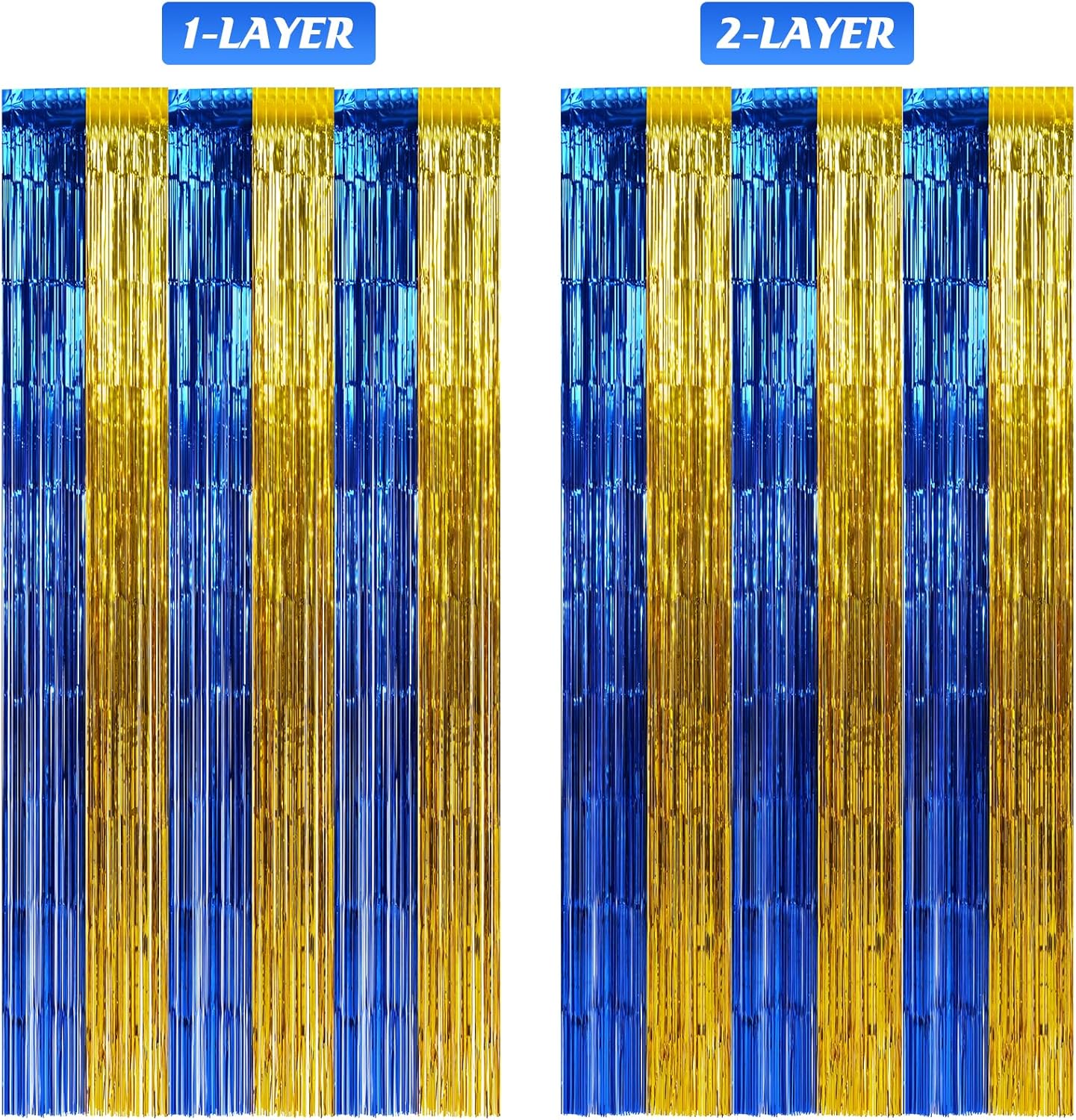 3 Pack 3.3Ft x 6.6Ft Graduation Foil Fringe Curtain Backdrop Decorations, Blue Gold Metallic Tinsel Foil Streamers Curtain Photo Booth Background for Graduation Prom Wedding Birthday Party Decorations