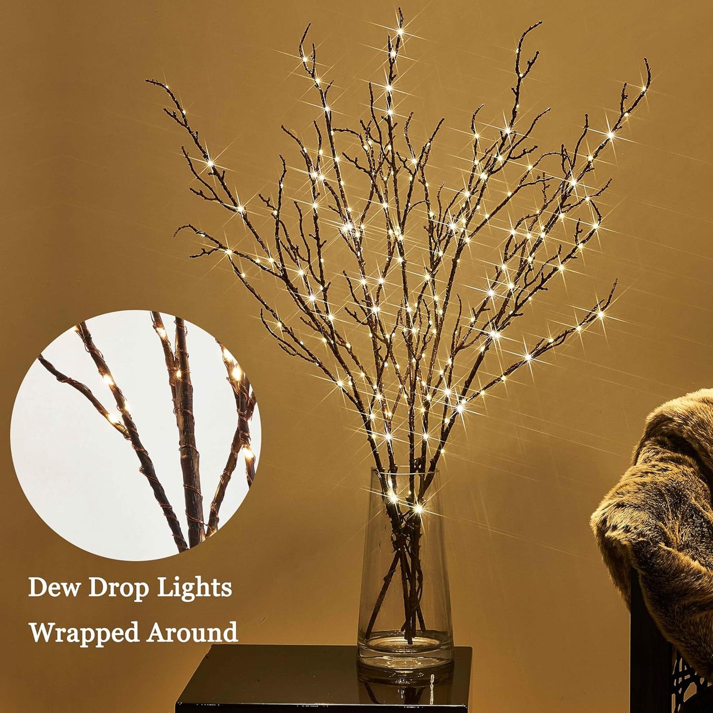 Hairui Lighted Brown Twig Branches Plug in with Dimmer and Timer 32IN 200 LED Fairy Lights, Lighted Willow Branches for Indoor Outdoor Home Room Christmas Decoration (Vase Excluded)