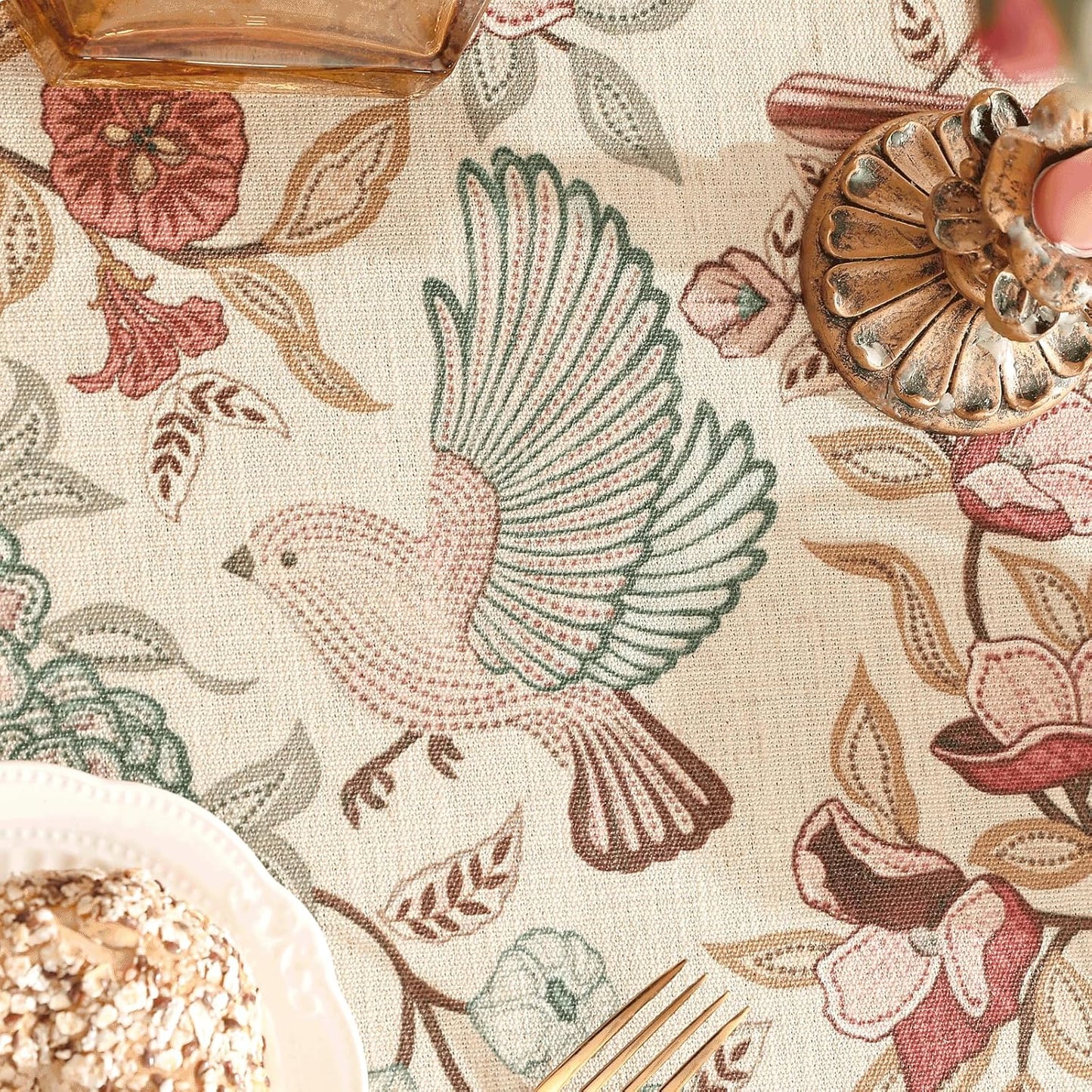 patdrea Designer Vintage Round Tablecloth,Pink Linen Table Cloth with Birds Pattern,Colorful Decoration French Table Cover for Kitchen Dining,Party,Thanksgiving,Christmas,Diameter 67"-Kulom a