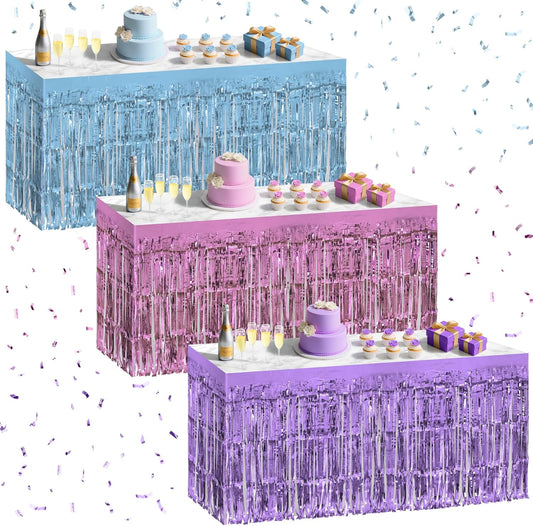 3 Pack Light Pink & Blue & Purple Table Skirts, 29x108" Metallic Foil Tinsel Fringe Table Skirt for Rectangle Tables Streamer Curtains Backdrop, Party Decorations for Birthdays, Weddings, Holidays