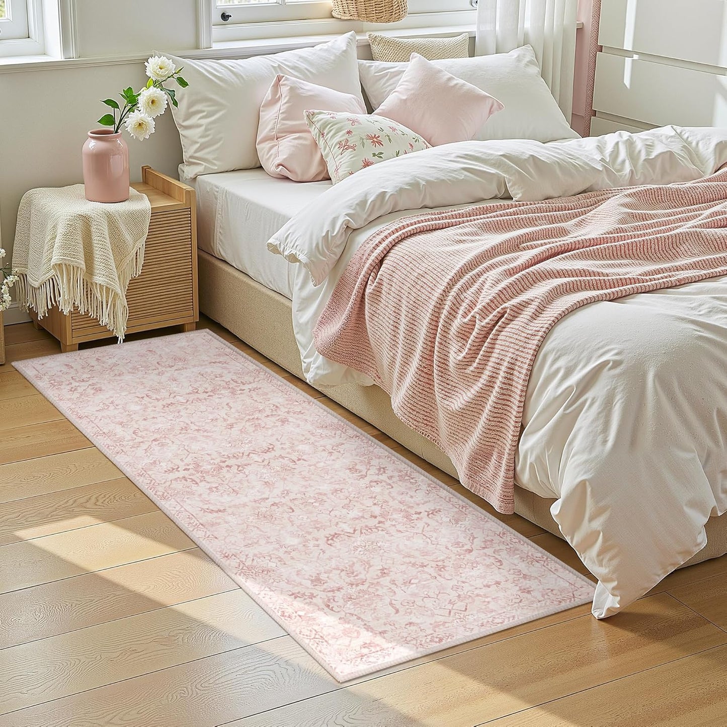 Pink 2x6 Runner Rug for Hallways Bed Side Kitchen, Boho Washable Distressed Low-Pile Floor Entryway Long Bathroom Mat, Non-Slip Laundry Room Washstand Front Carpet Green 24x72 Inch