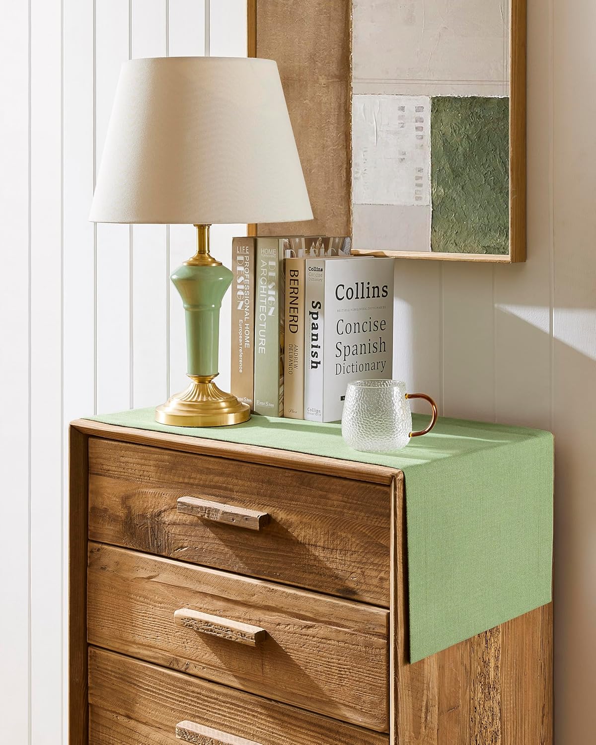 ZeeMart Linen Textured Border Table Runner, 14 x 108 Inch Green, Farmhouse Style Sage Green Table Runners 108 Inches Long, Easy Care Everyday Polyester Table Runner