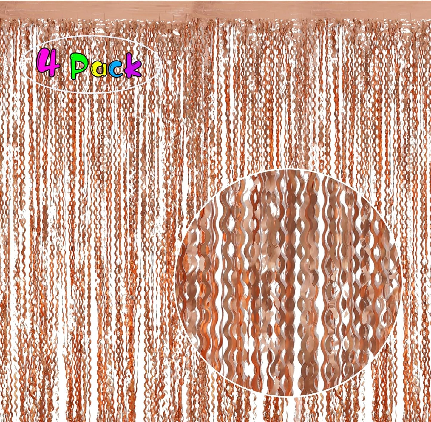 4 Pack Rose Gold Backdrop Birthday Decorations - 3.3x6.6ft Wavy Tinsel Foil Backdrop Party Streamer Party Supplies Background | Tinsel Curtain Backdrop for Parties