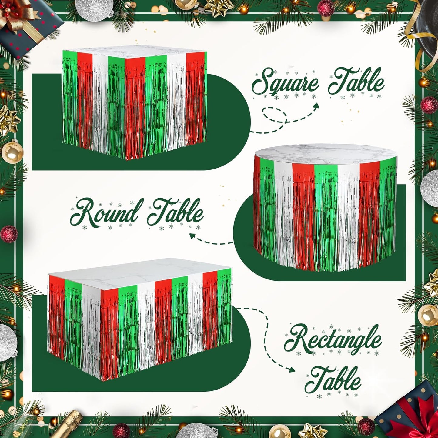 2 Pack Christmas Table Skirts, 29x108" Red & Silver & Green Metallic Foil Tinsel Fringe Table Skirts for Rectangle Tables Streamer Curtain Backdrop, Party Decoration for Xmas Birthday Wedding Holiday