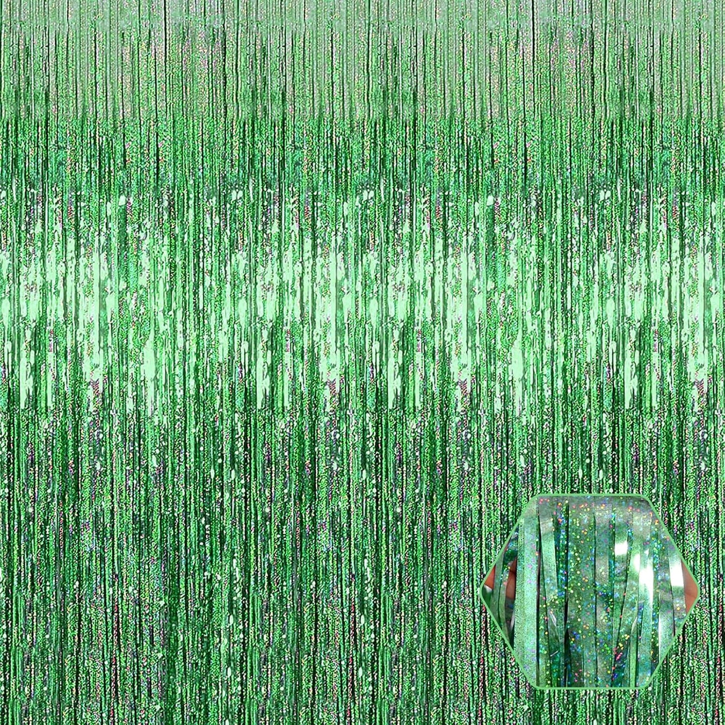 3 Pack Light Green Foil Fringe Curtain Backdrop, 3.28Ft x 8.2Ft Metallic Tinsel Foil Fringe Streamer Curtains for Photo Booth, Mother's Day, Easter, Birthday, Wedding Party Decorations