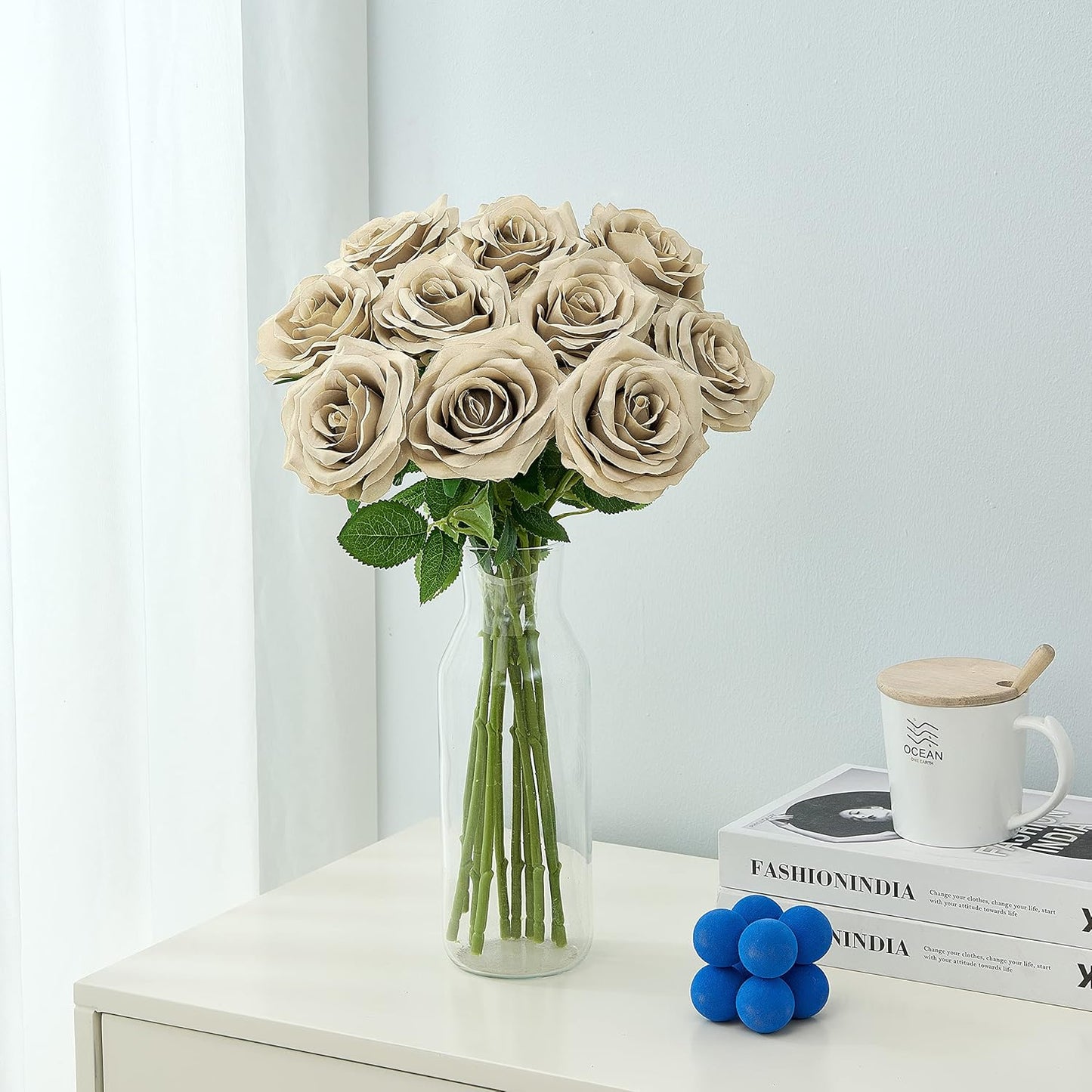 Artificial Rose 10pcs Open Flower Bouquet Faux Rose Stems for Wedding Arrangement, Bridal Bouquet, Centerpiece, Fake Faux Silk Flowers (Sand)