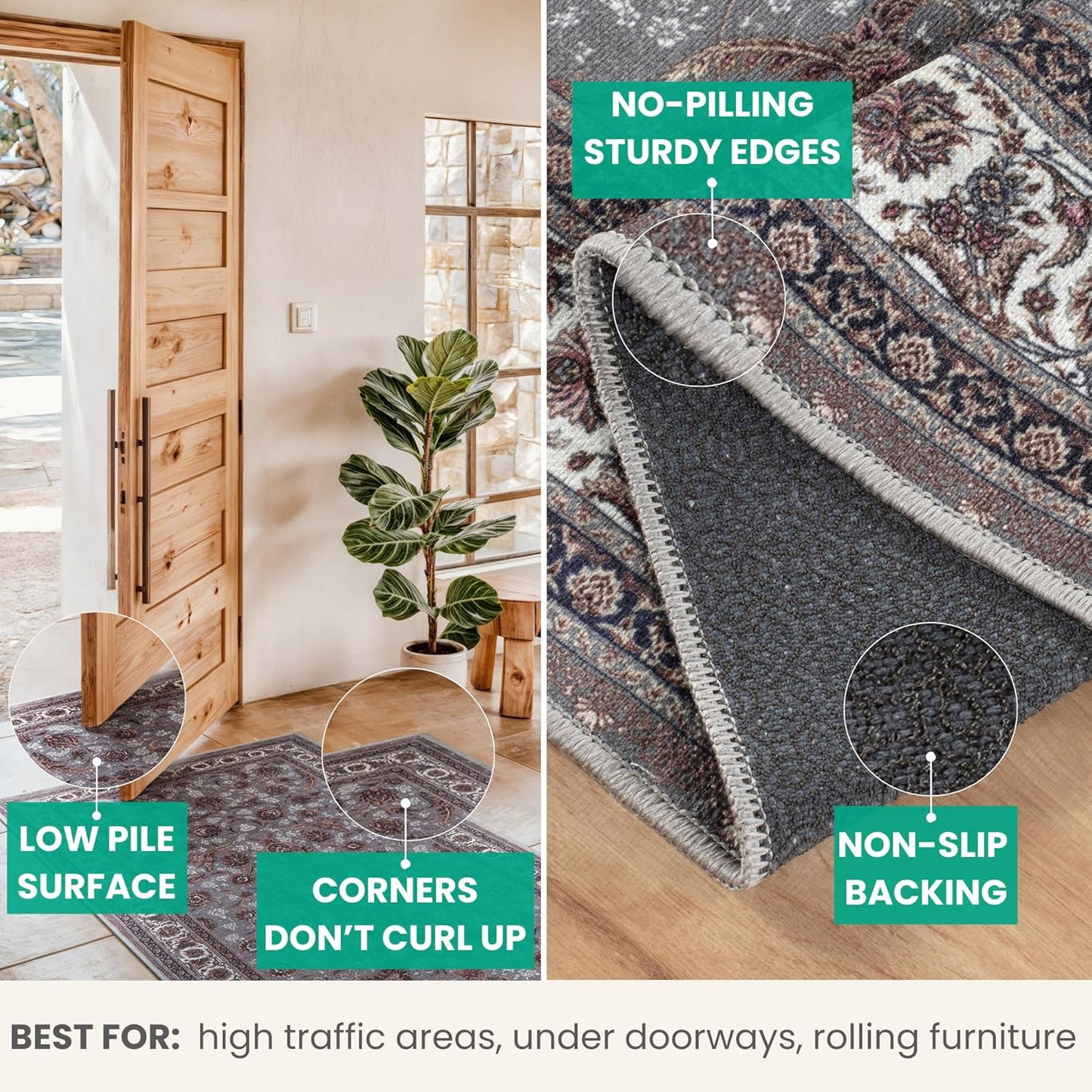 Bloom Rugs Washable Non-Slip 4' x 6' Rug - Slate Gray Traditional Oriental Area Rug for Living Room, Bedroom, Dining Room, and Kitchen - Exact Size: 4' x 6'