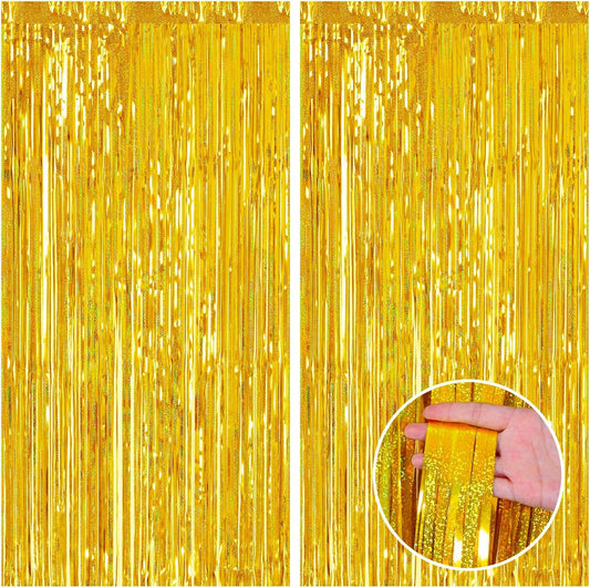 CANREVEL 2 Pack 3.3x8.2 Feet Laser Gold Foil Fringe Backdrop Curtains, Tinsel Streamers Birthday Party Decorations, Fringe Backdrop for Graduation, Baby Shower, Happy New Year, Disco Party