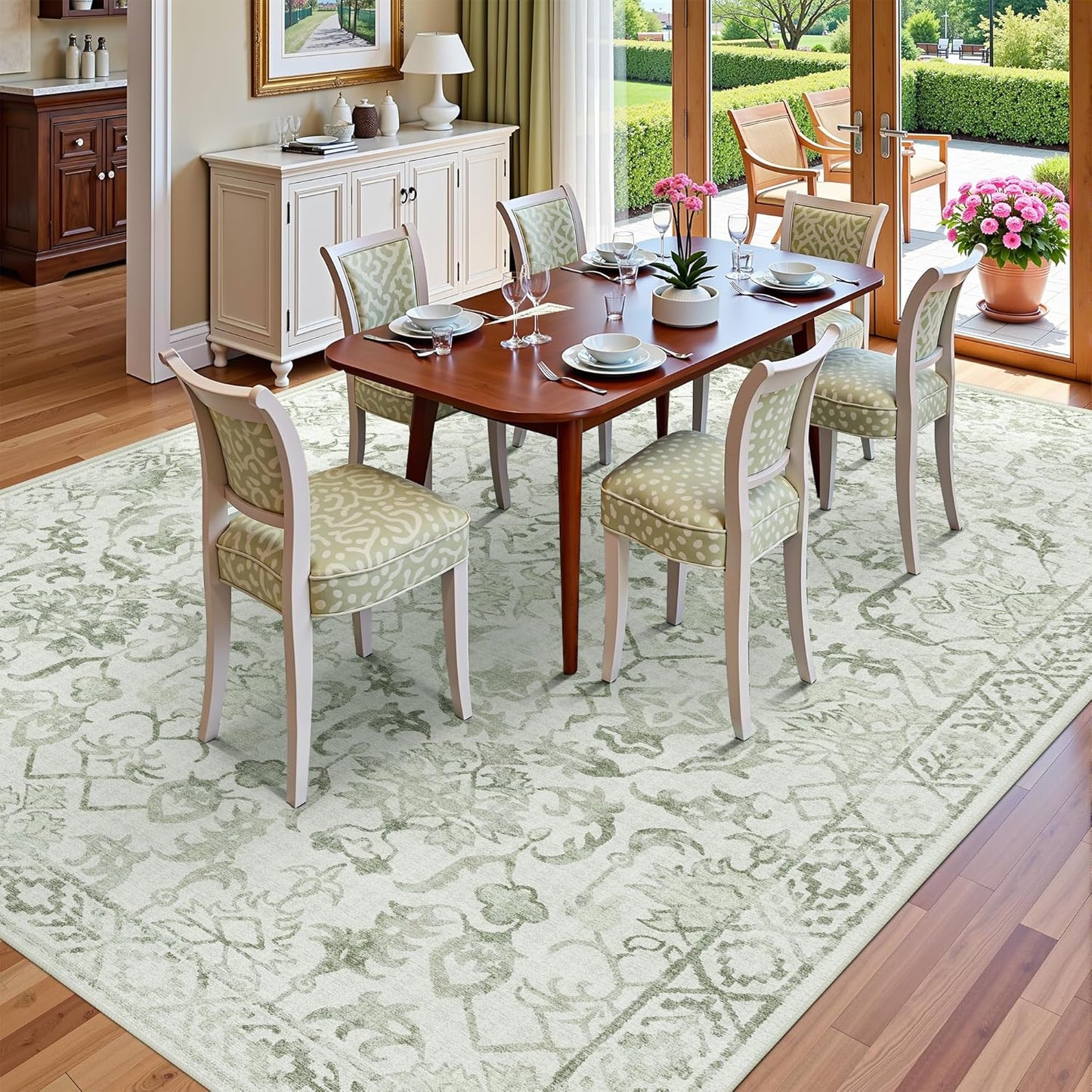 Sage Neutral Large Area Rug 9x12 for Living Room, Washable Rug for Dining Room Bedroom, Anti-Slip Low-Pile and Soft Accent Rug Farmhouse Office Home Decor Light Green