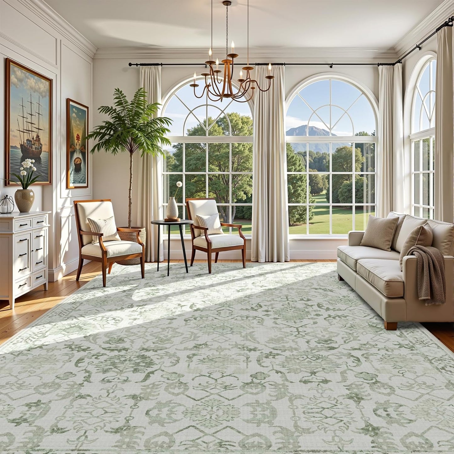 Sage Neutral Large Area Rug10x12 for Living Room, Washable Rug for Dining Room Bedroom, Anti-Slip Low-Pile and Soft Accent Rug Farmhouse Office Home Decor Light Green