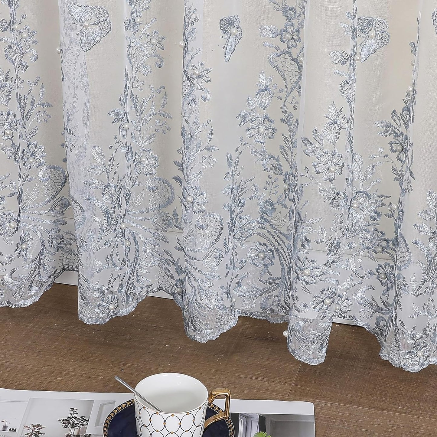 VISIONTEX White Sheer Voile Curtains, Decorative Blue Embossed Butterflies Rod Pocket Window Drapes for Home Kitchen, Living Room and Bedroom 54 x 84 Inch, Set of 2 Curtain Panels