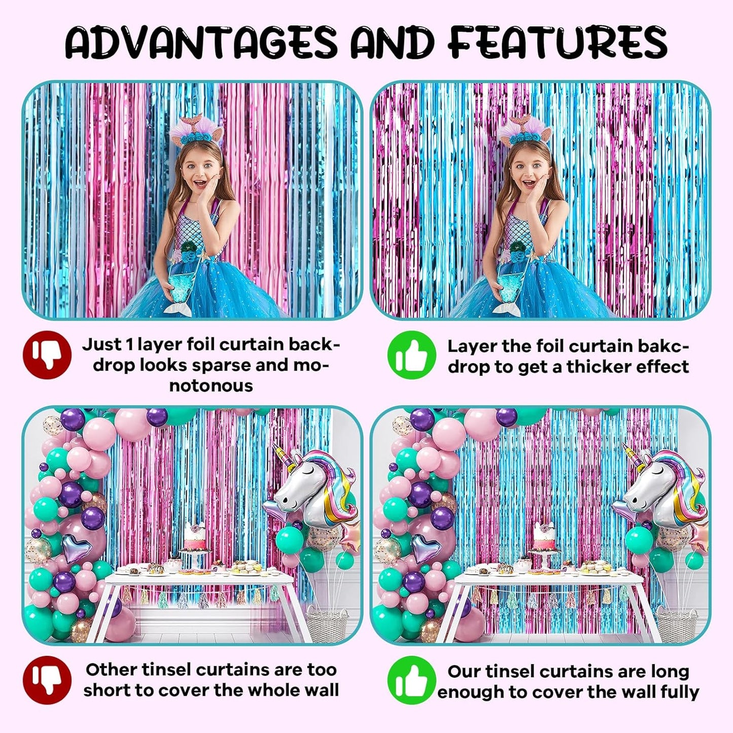 4 Pack 3.3x8.2 Feet Blue and Pink Foil Fringe Backdrop Curtains, Tinsel Streamers Birthday Party Decorations, Fringe Backdrop for Graduation, Baby Shower, Gender Reveal, Disco Party