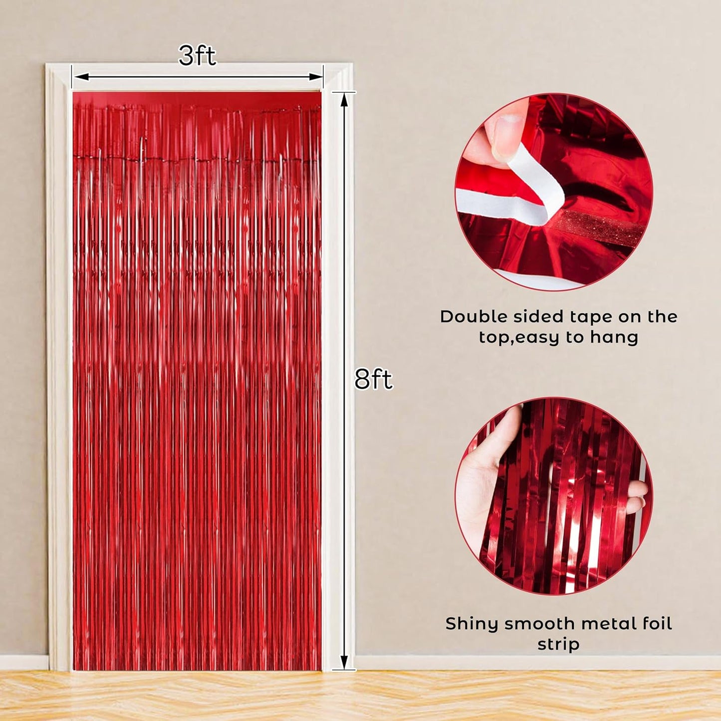 BTSD-home 10 Pack Red Foil Fringe Curtain, Metallic Photo Booth Backdrop Tinsel Door Curtains for Wedding Birthday Bridal Shower Valentine Bachelorette Christmas Party Decorations(8ft x 3ft)