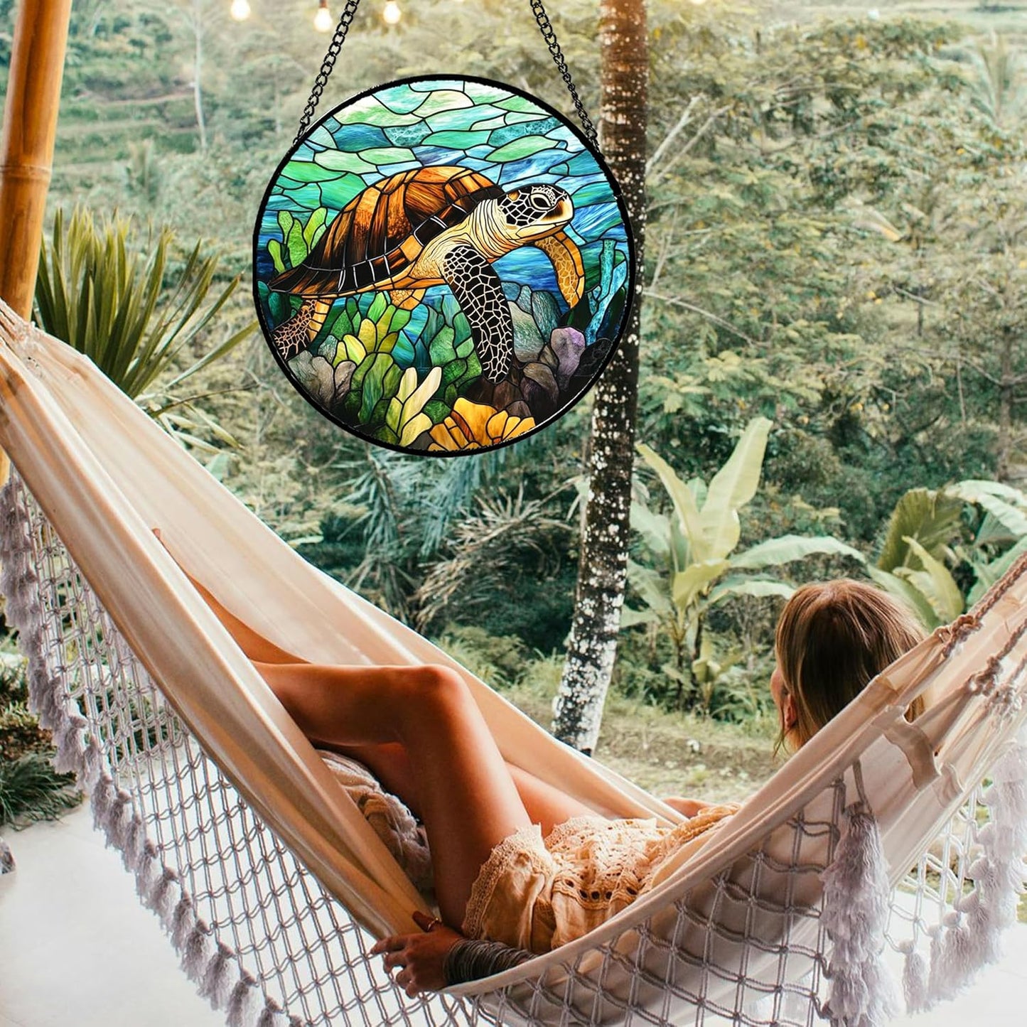 Stained Glass Window Hanging - Cute Sea Turtle Suncatcher for Door Garden Yard Blue Ocean Sun Catchers Decor Christmas Mother's Day Birthday Children's Gifts for Women Mom Nana Friend 6.3 in