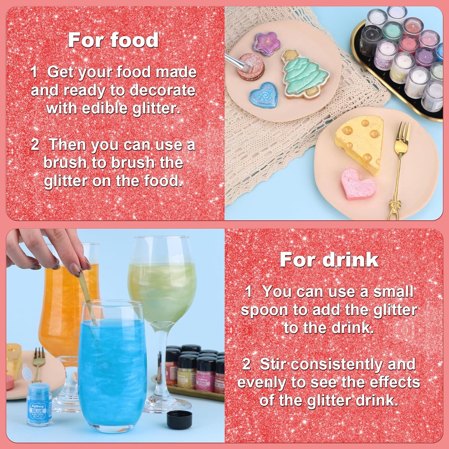 Red Edible Glitter - 5g Food Grade Cake Decorating Shimmering Glitter, Edible Sprinkle Luster Dust for Drinks, Chocolates, Fondant, Strawberries, Cupcakes, Candy, Cookie - Vegan